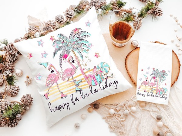 fa la la Christmas throw pillows for couch, flamingo Christmas kitchen towels, coastal Christmas gifts for beach lovers, flamingo gifts for