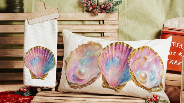 beach lumbar pillows for bedroom, opalite pearl oyster throw pillow for couch, beach Christmas gifts for beach lovers, coastal decorative