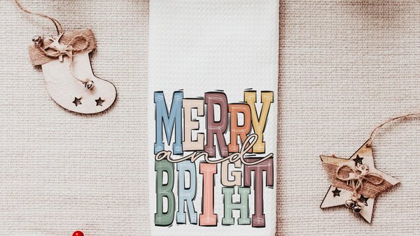 merry and bright kitchen towels for Christmas, boho Christmas hand towel for guest bathroom, trending Christmas gifts for new homeowners