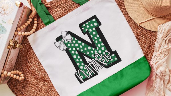personalized initial tote bag for girlfriend, green coquette Christmas gifts for cheerleaders, custom name tote book bag for girls, secret