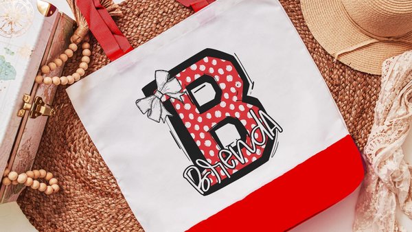 personalized initial tote bags for daughter, secret Santa gifts for girls, cherry red name tote book bag for school, Christmas gifts for her