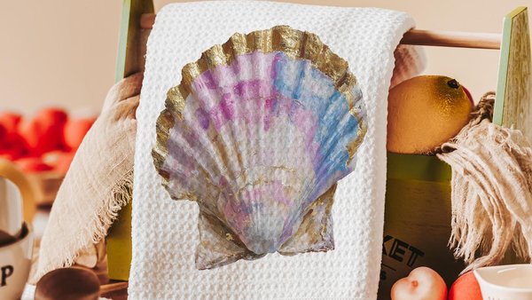 scallop shell kitchen towels for gifts, beachy hand towels for guest bathroom, opalite home decor gift for her, coastal decor for bathroom