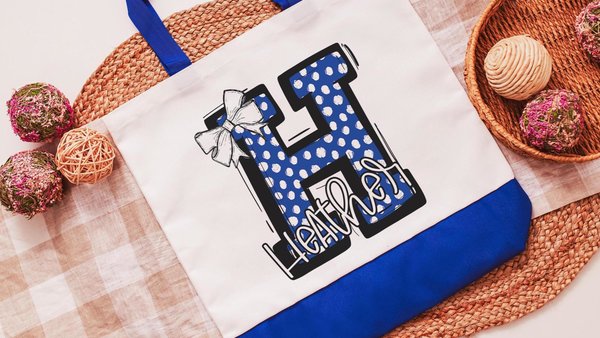 personalized initial tote bag for daughter, royal blue coquette Christmas gifts for girls, custom name tote book bag for school, secret