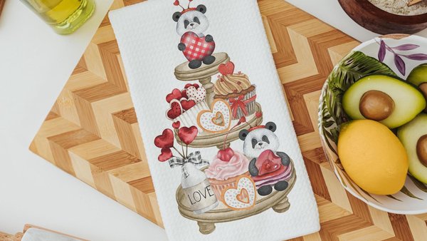cute panda bear Valentines Day dish towel, home decor gift kitchen towels for Valentines panda hand towels for couples, Galentines Day gifts