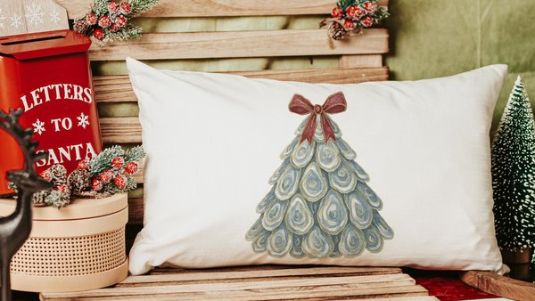 oyster Christmas tree lumbar throw pillows for chairs winter designs, coastal Christmas decorative pillows for couch, beach Christmas gifts