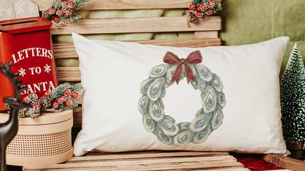 oyster shell Christmas wreath lumbar throw pillows for chairs winter designs, oyster Christmas decorative pillows for couch, beach Christmas