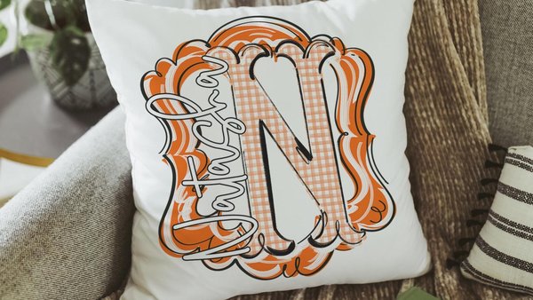 Personalized initial throw pillow for couch orange gingham decorative pillows for girls, orange home decor gift dorm decor, name pillow