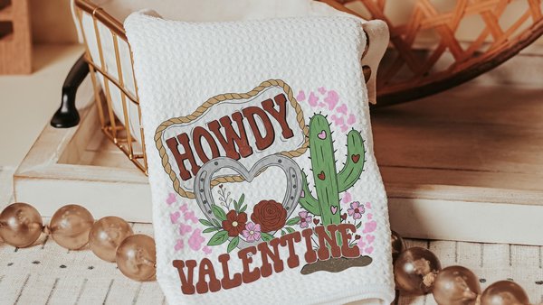 Howdy Valentines hand towels for besties, funny kitchen towels for couples, southwestern style Valentines kitchen decor, Galentines Day gift