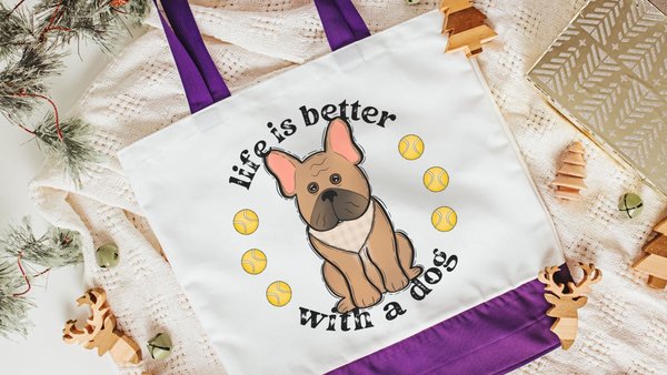 life is better with dogs French bulldog tote bag for women, Frenchie mom gift, French bulldog gifts for her, reusable shopping bag, cute dog