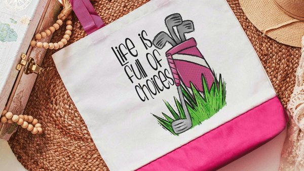 life is full of important choices golf tote bag for women, reusable shopping bag, cute golf gifts for her, lady golfer golfing tournament