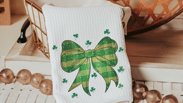 St Patricks day coquette bow hand towel for guest bathroom, green plaid St Pattys day shamrock kitchen towels, Irish gifts for friends, best