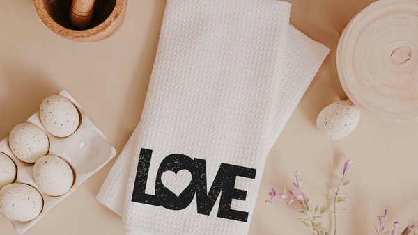love kitchen towels for new home owners, black and white Valentines kitchen decor for just married couple, romantic gift for wife, moving in