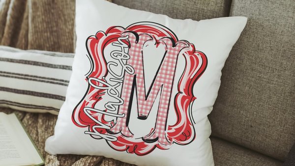 Personalized initial throw pillow for couch red gingham decorative pillows for girls, red home decor gift dorm decor, name pillow