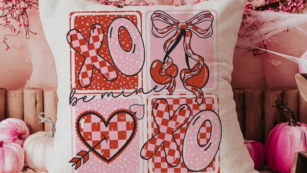 be mine throw pillows for couch red and pink checkered cherry decor, xoxo Valentines Day decorative pillow covers 18x18, Galentines day gift