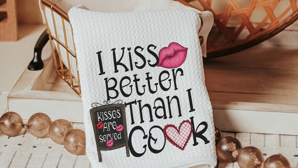 I kiss better than I cook funny kitchen hand towels for wedding gift, Valentines Day kitchen towel for chef, cute Valentines gifts for wife