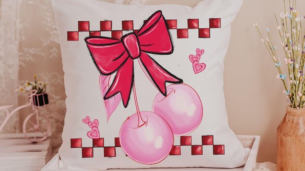 cherry bow Valentines throw pillow for bed, rockabilly decor, cute Valentines gifts for girlfriend, 1950s inspired retro throw pillow covers