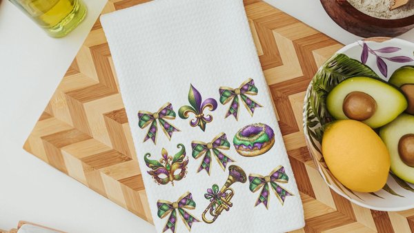 Mardi Gras kitchen towel for bakers, Fat Tuesday fleur de lis hand towels, king cake baker merch, New Orleans Louisiana gifts for women