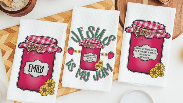 personalized Jesus is my jam hand towels for kitchen Christian gifts for daughter wedding shower, strawberry kitchen decor, Matthew 22:37