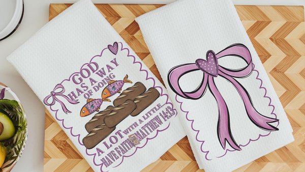 God has a way loaves and fish Christian kitchen towels for Mom, pink bow coquette hand towel for guest bathroom, Bible verse kitchen decor
