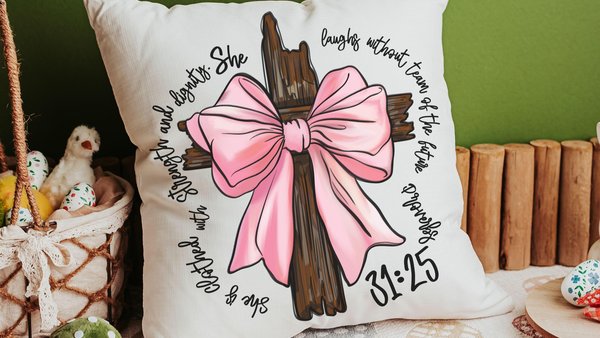 she is clothed with strength and dignity Bible verse throw pillows for couch, Proverbs 31 decorative pillows for girls, Christian gifts for