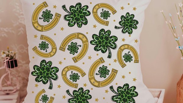 lucky charm gold horseshoe St Patricks day throw pillows for day bed, leopard print green shamrock St Pattys day decorative pillows for sofa