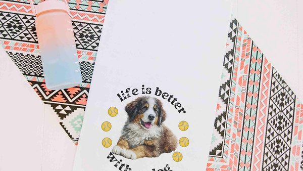 life is better with a dog tennis towel, Bernese mountain dog sweat towel with loop, best gifts for dog lovers, gym bag accessories, unique
