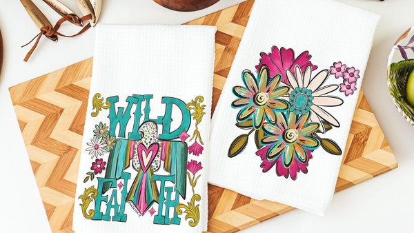 wild faith kitchen towels for gifts, boho floral hand towel for bathroom, southwestern kitchen decor, turquoise thunderbird gifts for women