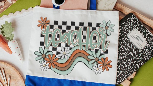 retro teacher tote bag for school, groovy teacher appreciation week gifts for women, reusable shopping bag, cute teacher gifts for coworkers