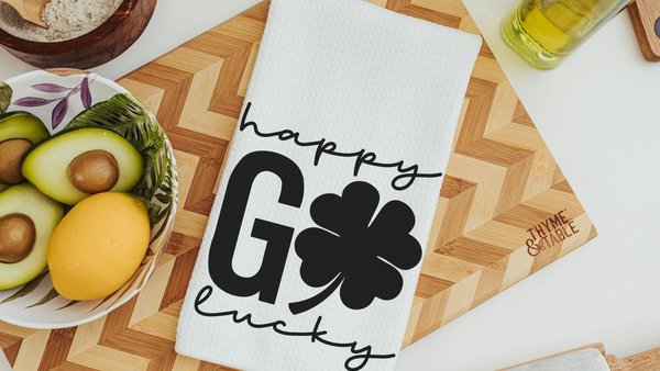 happy go lucky St Patricks day hand towel for powder room, black shamrock St Pattys day kitchen towels, Irish gifts for friends, best gifts