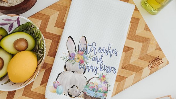 Easter wishes and bunny kisses Easter kitchen towels for Mom, floral Easter bunny butt decorative hand towels for guest bath, cute Easter