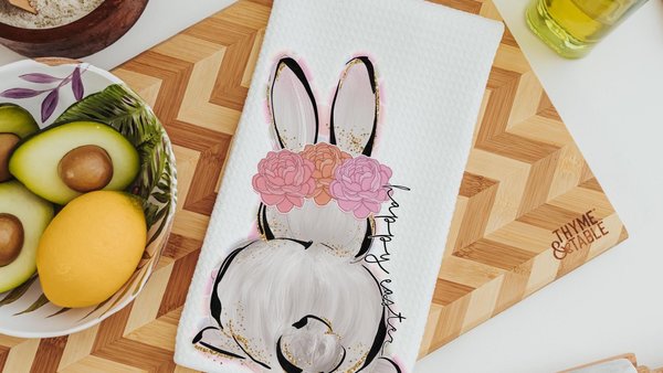 happy Easter kitchen towels for friends, pink coquette Easter bunny floral kitchen decor, Easter basket stuffers for women, whimsical Easter