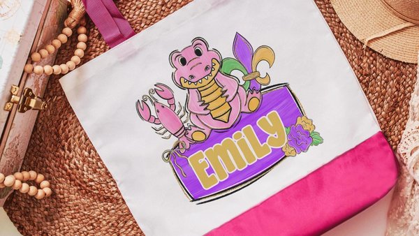 personalized Mardi Gras alligator tote bag for girls, Louisiana gator gifts for kids, carnival parade bag with name, cute crawfish gifts