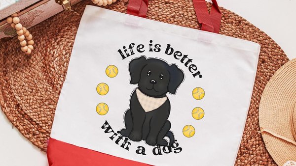 life is better with a dog labrador retriever tote bags for dog lovers, black lab totes for women, black labrador mom gift, cute dog gifts