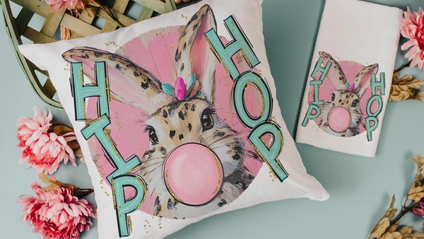 hip hop Easter bunny kitchen towels for gifts, bubblegum bunny Easter throw pillows for kids, cute Easter kitchen decor, Easter hostess gift