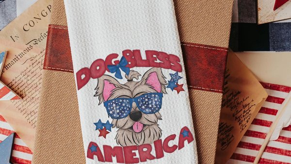 dog bless America Yorkshire terrier kitchen towel for gifts, red white and blue patriotic dog hand towel for guest bathroom, Yorkie gift