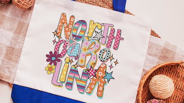 rainbow stripe North Carolina tote bag for her, North Carolina gifts for women, realtor tote bag real estate agent gift, NC gifts, floral