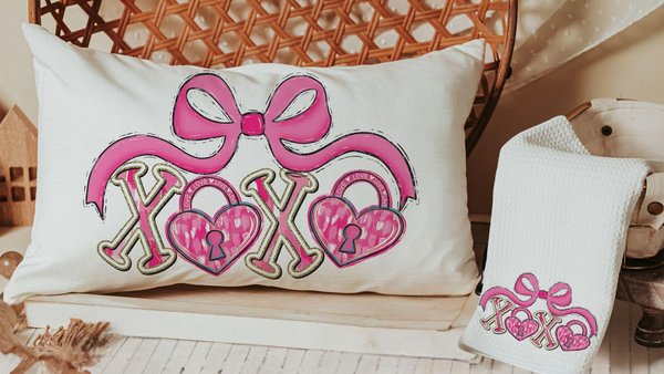 pink bow Valentines coquette lumbar throw pillows for couch, xoxo Valentines kitchen towels for bride, key to my heart decorative pillows