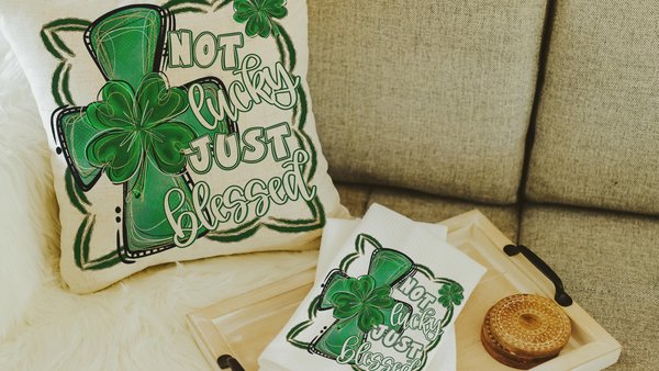 not lucky simply blessed throw pillows for green couch, Christian St Patricks Day decorations, shamrock cross kitchen towel for Mom, Irish