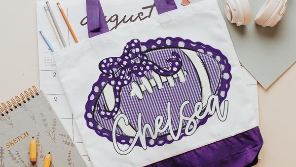 personalized powderpuff football tote bag with name, purple school pride cheer gifts for girls, back to school gifts for teenage girls, cute