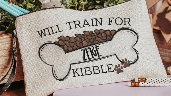 personalized will train for kibble dog treat bag, dog mom wristlet with strap, dog training accessories, dog lover gifts for women, zipper