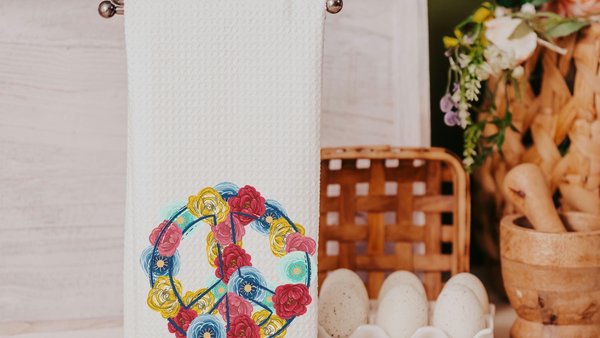 floral peace sign kitchen towels for mom, hippie kitchen decor, cute hand towels for bathroom boho kitchen dish towels, powder room decor