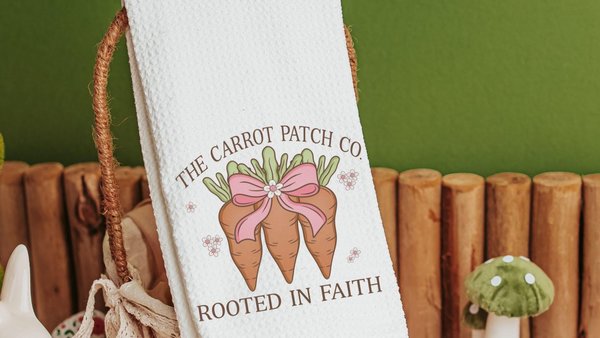 rooted in faith Christian kitchen towels for gifts, carrot patch gardener gifts for women, cute Spring decorative hand towels for guest bath
