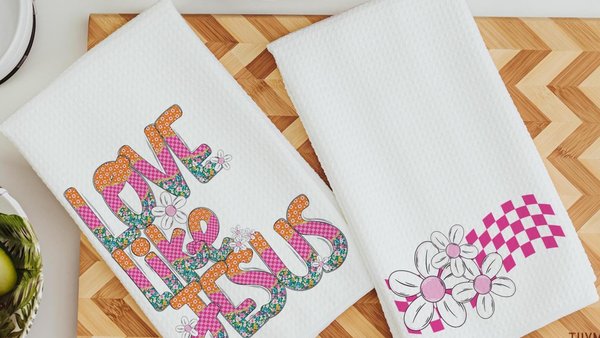 love like Jesus whimsical Christian kitchen towels, cute Christian gifts for sisters, pink checkered floral kitchen decor, faith kitchen