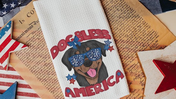 dog bless America Rottweiler kitchen towel for drying dishes, red white and blue patriotic dog hand towel for bathroom, 4th of July Rottie