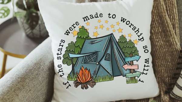 made to worship under the stars camping throw pillow for bench, Christian gifts for home, RV accessories for inside, camper decor pillow
