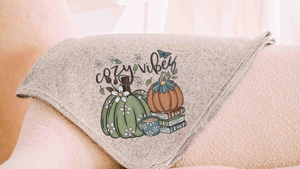 cozy vibes snuggle blanket, cute pumpkin throw blanket for bed, book lover gift for women, cozy gifts for her, fall decor for home, sage