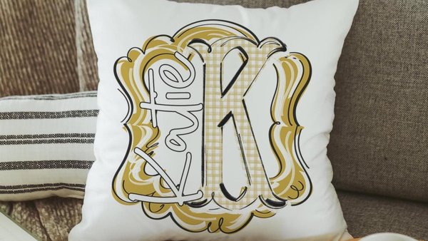 Personalized initial throw pillow for couch gold gingham decorative pillows for girls, gold home decor gift dorm decor, name pillow
