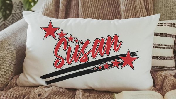 Personalized cherry red name pillow for dorm room, long pillows for full beds girls bedroom decor teen girl gifts, red school spirit accent