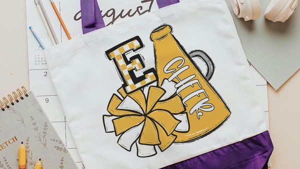 personalized butter yellow cheer tote bag for teen girls, school spirit gear, team colors cheer accessories for girls, back to school gifts