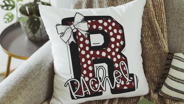 personalized initial throw pillows for little girls, maroon name pillow cases for teens, secret Santa gifts for girls, coquette Christmas
